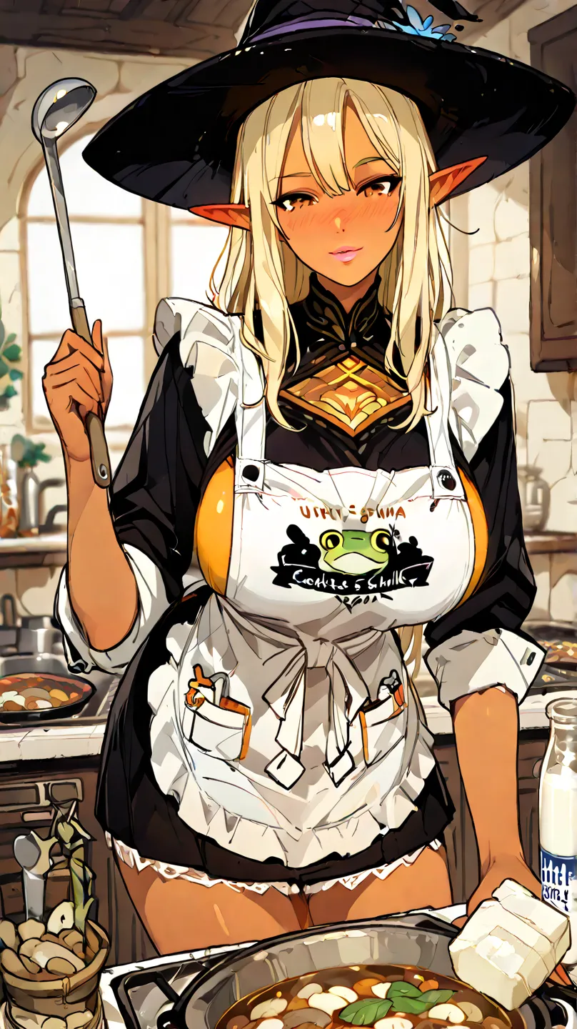 ( Premium , 걸작, absurdity) Gyaru, A dark elf floats stew into a ladle, Creamy stew with fresh beans and herbs, Cook,bottle with milk, condiment tins,dried herbs, Hind legs of a frog , sunshine, big boobs , huge boobs  ,  beautiful expression , with an ench...