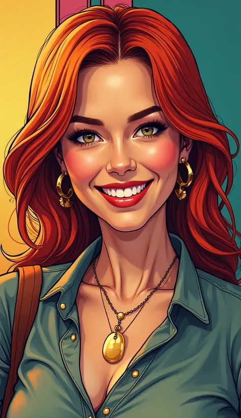 DISCREET image. with discreet casual clothes. image adult woman, american, comic book style. smile. IMAGES WITH VIBRANT COLORS. with Colorful background. just focus on face. red hair