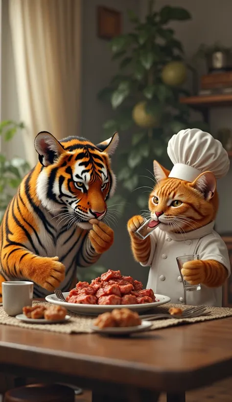 A small tiger looks like a real human being and an orange cat wearing the clothes of a real chef. They eat meat in a living room and drink soft drinks in real glass cups and fall very bad