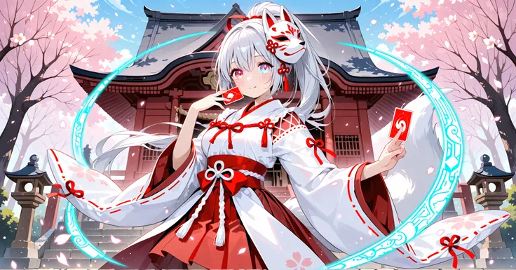  Silver Ponytail 、Sakura-colored eyes、Pure white and red shrine maiden costume、costume that combines metal and cloth、mechanical fox mask、pattern where energy flows、 Shrine Background 、manipulates hologram cards