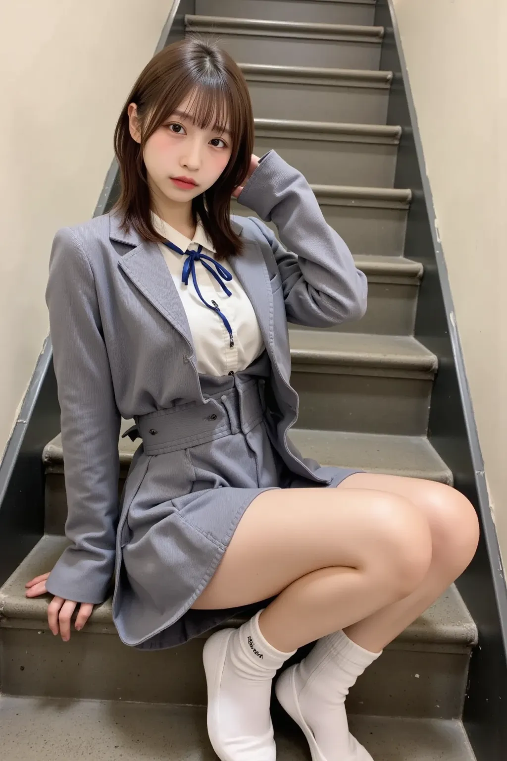 　 best image quality、score_9,  score_8_ up 、masterpiece、nsfw、(from below:1.5)、1 Japanese girl、female high school students、uniform、blazer、miniskirt、panties、(thick thighs:1.4)、(pee:1.5)At the top of the stairs、station