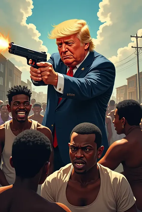 Barack Obama holding a twelve gauge shotgun while throwing a single dice in the air in the three color art style of his Hope campaign poster