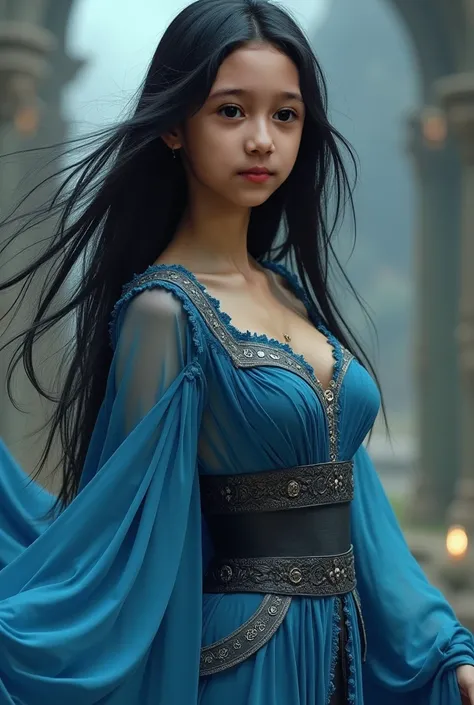 Indonesian women with (((small breasts))) and black long hairs, 18 years old,   flowing black hair and deep black eyes, standing in a fantasy-themed setting. She wears an elegant blue outfit with intricate details, blending magic and adventure, with soft f...