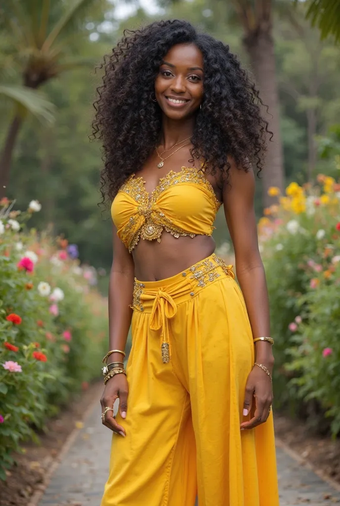 A beautiful slender brown skin ,woman with sholder length black and now graying curly hair. Beautiful white well set teeth. Small breast and beautiful plumb lips. Wearing  long Indian  2 piece yellow  pants suit, with sequence. High heels and assorted gold...