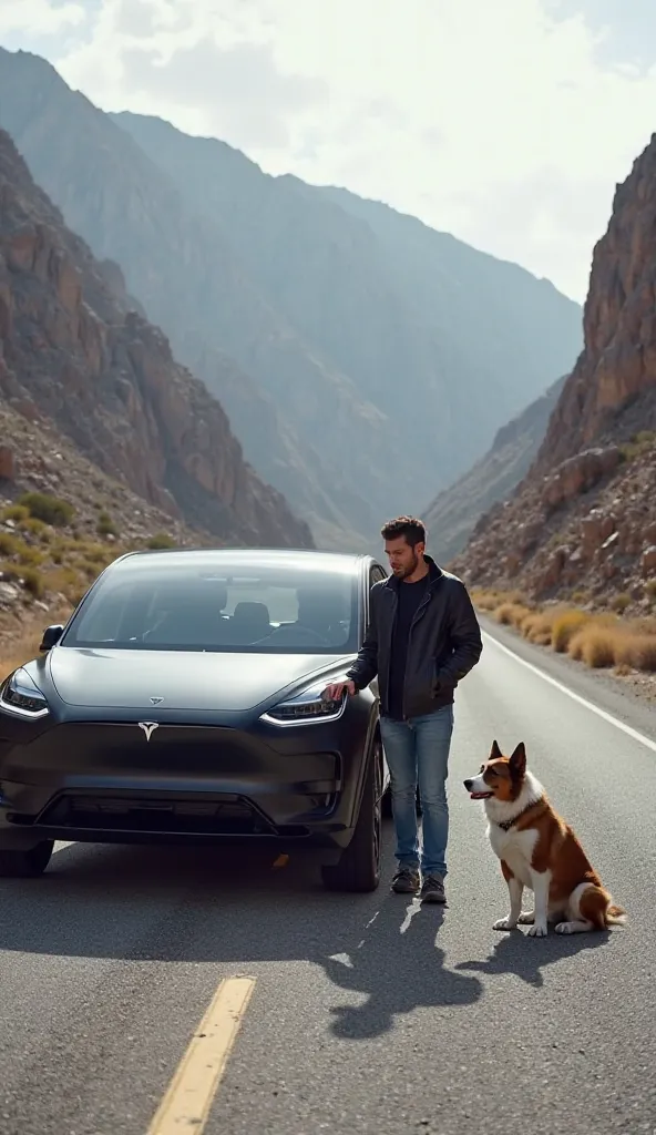 **Scene 3:**  
The same open road winds through the rugged landscape, with towering mountains on one side and a vast, empty expanse on the other. A black Tesla Cybertruck is **parked** on the side of the road, its sleek, angular design contrasting with the...