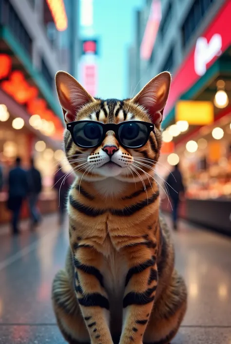 A stylish cat wearing sunglasses, standing confidently in a lively public market.  The background features a modern shopping center with bright city lights, people walking around, and colorful market stalls.  The cat has a cool and charming expression, exu...