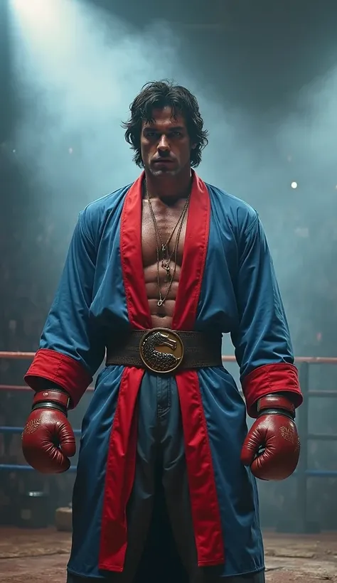 A cinematic portrait of Rocky Balboa in a Mortal Kombat arena. He wears a blue and red robe, with worn-out boxing gloves, standing in a determined pose. The background is filled with bright spotlights and mist.