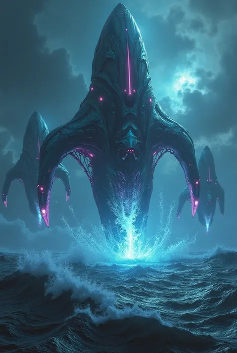 Alien ships coming out of the ocean with a neon light