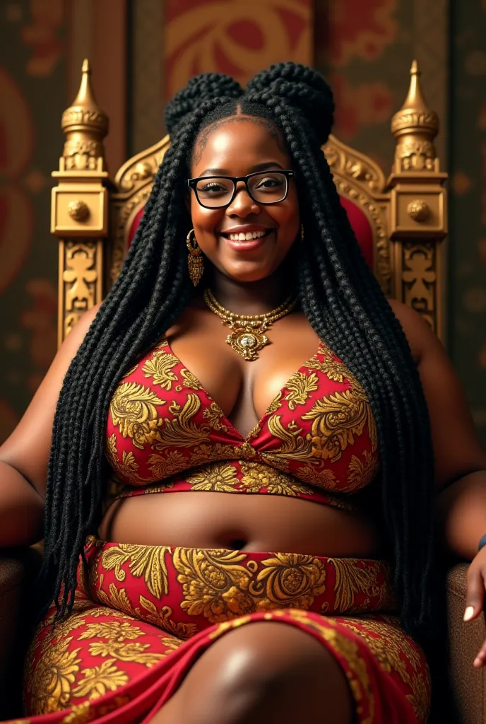 Black girl, chubby, large breasts, looking at camera, smiling, sitting on throne, royal African clothing, long braids, glasses, bbw, overweight, big belly