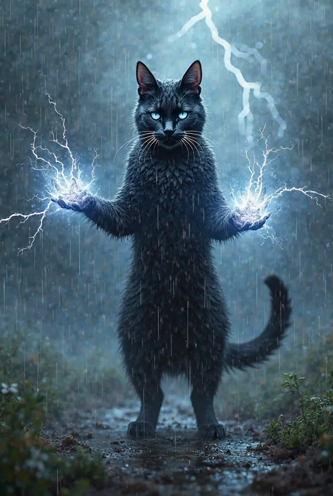 black cat, Blowing lightning through the paws, with rain 