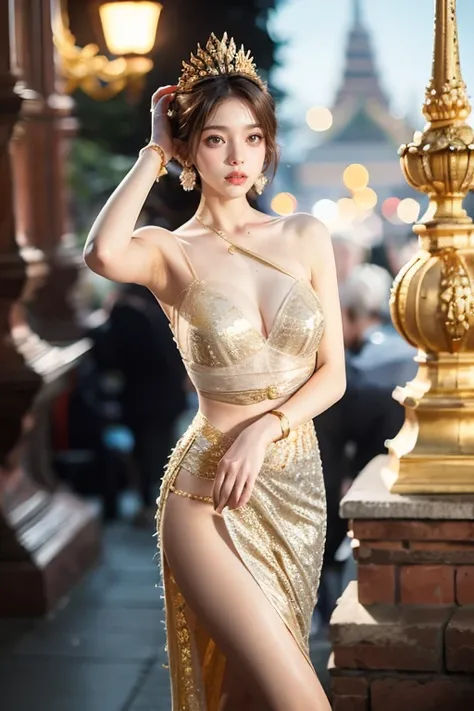 (excellent performance, Best Quality:1.2),1girl, 29 years old, ผมดำ,  blurred background, brown eyes, Brown Hair, Depth, (((Gold Single Strap Dress))),Silver diamond crown ,oblique flowing chiffon skirt,Thai costume,ฉากcity,city, earring, Accessories, lamp...