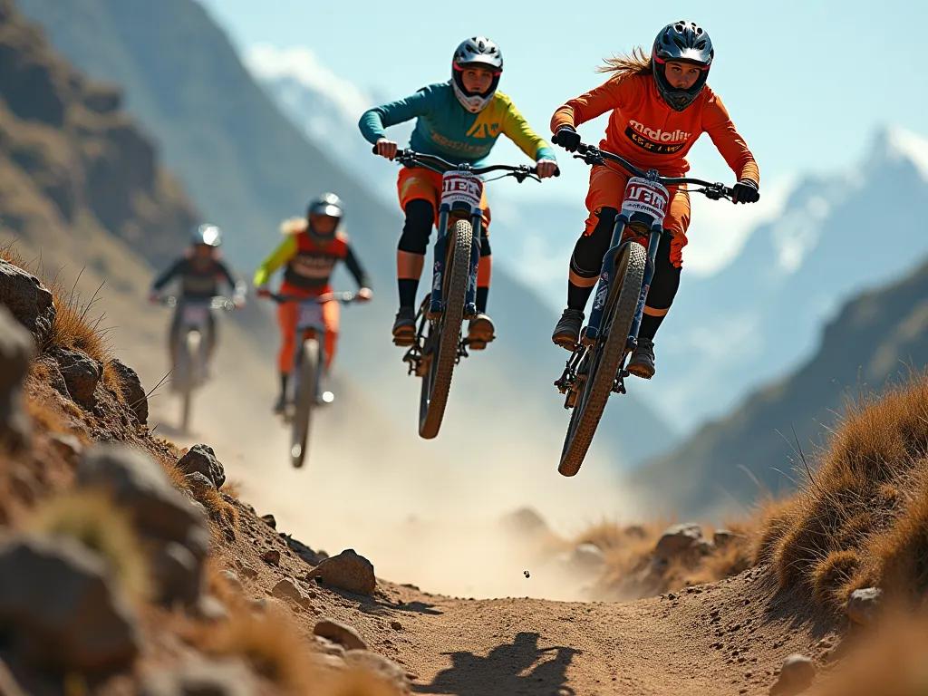 I need an image of female mountain bikers jumping during a competition