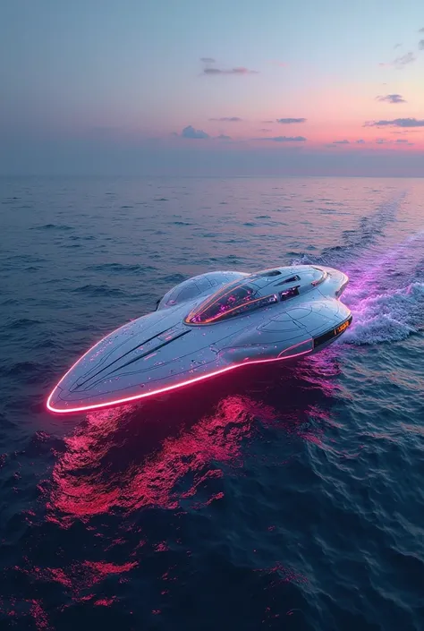 Flying saucer-style ship with vibrant neon light crossing the ocean 