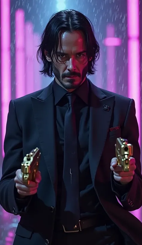 A cinematic portrait of Keanu Reeves as John Wick, in a Mortal Kombat setting. He wears a sleek black suit, messy hair, and holds two golden pistols. The background has a neon purple and blue glow, with light rain falling.