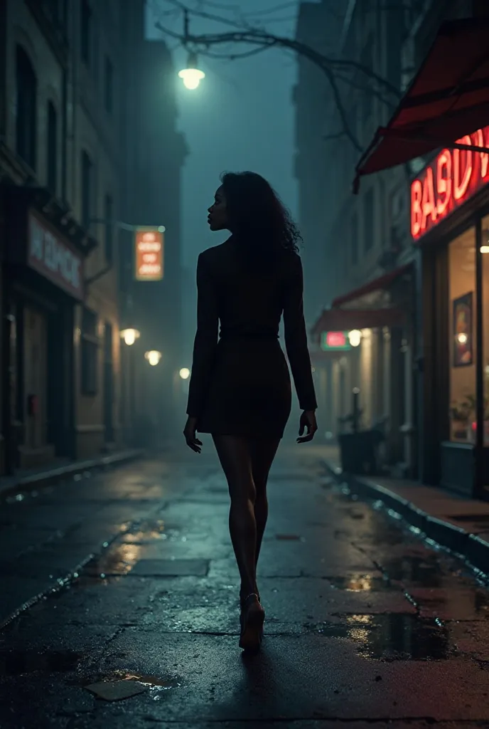 Une femme noire qui marche dans un rue toute seule dans la nuit.