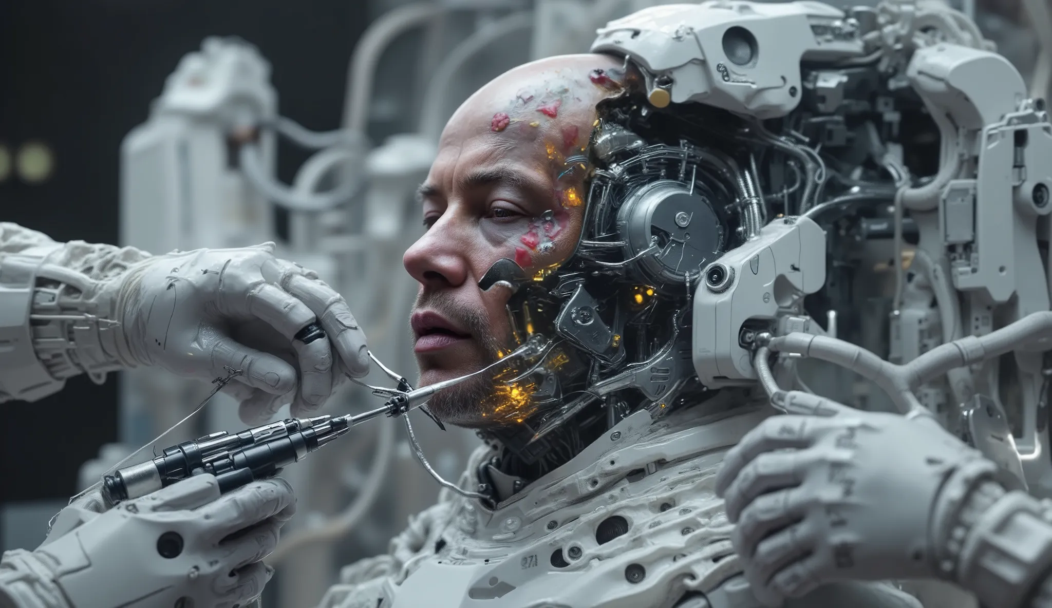 Scientists using a huge robot with arms with scalpels and tweezers, injectors , that is placing skin and human organs on a cyborg that already has the human face of Tom Hanks, a brown man with inputs, in a laboratory of the future, the cyborg has white par...