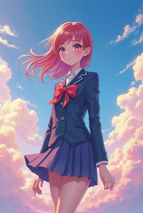 Anime babe in high school dress with sky background and many clouds in blue purple pink
