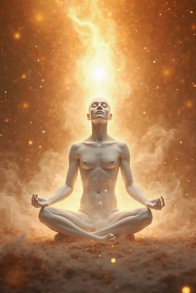 A serene, adult human figure, centered in the image, is depicted in a meditative pose. The figure appears light-skinned with a neutral facial expression and a calm, peaceful demeanor. The body is displayed as an ethereal, translucent form, light gray with ...