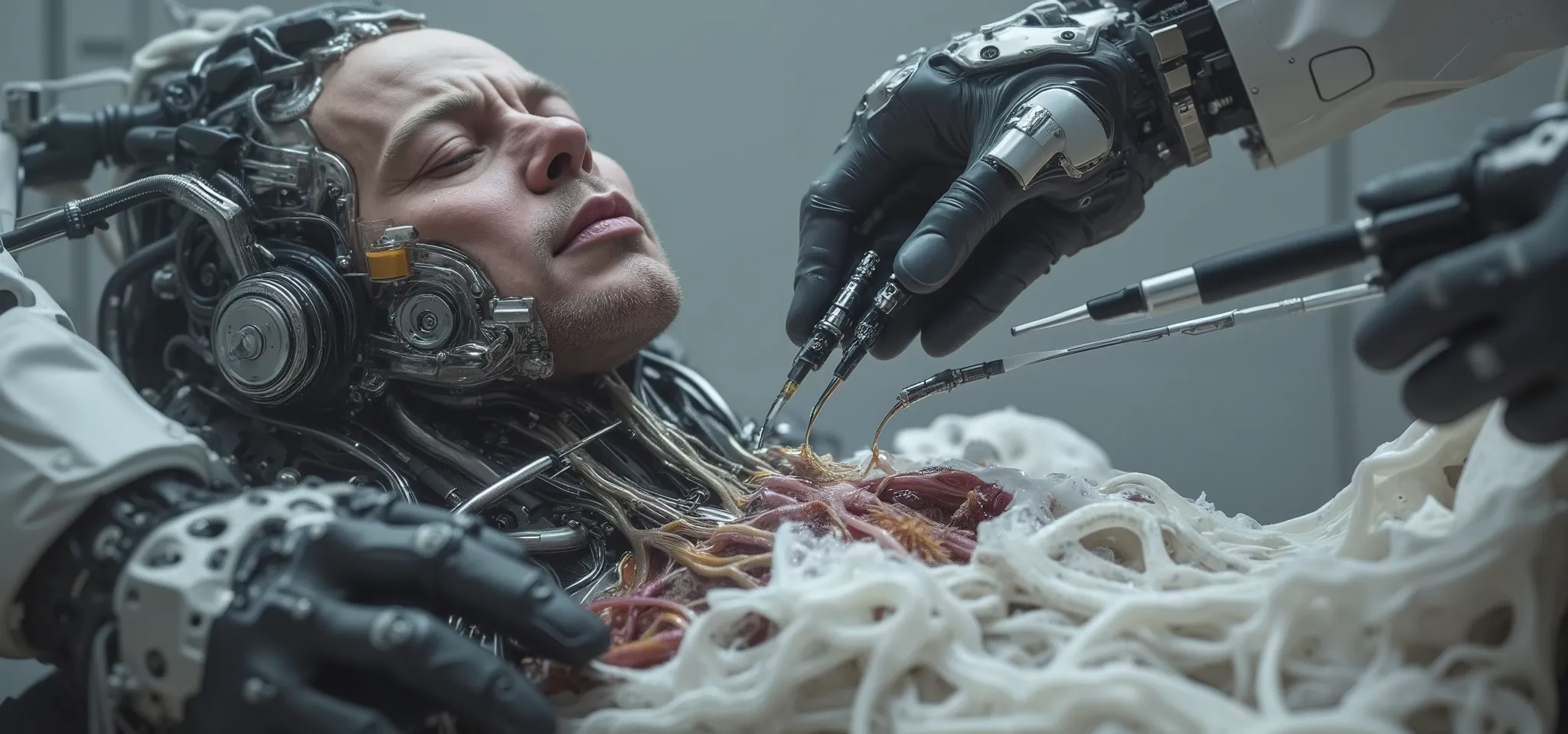 Scientists using a huge robot with arms with scalpels and tweezers, injectors , that is placing skin and human organs on a cyborg that already has the human face of Tom Hanks, a brown man with inputs, in a laboratory of the future, the cyborg has white par...