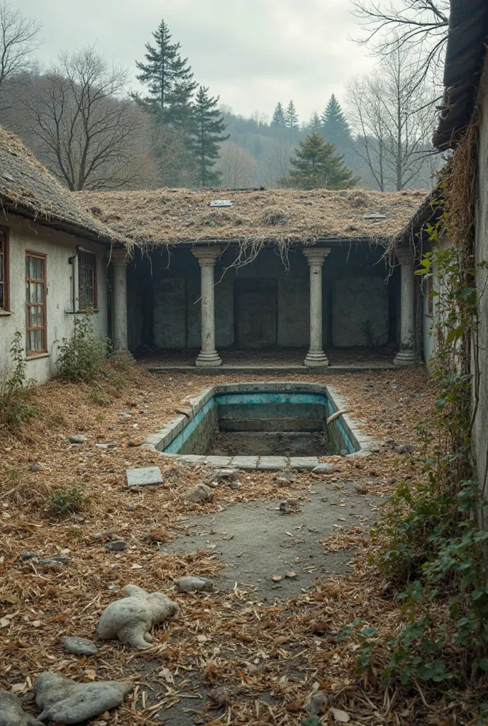 A large abandoned backyard, there is a large dusty courtyard, the roof is covered with defraded straw, old birds of birds drag on the ground, in the center of this course, there is a swimming pool under construction whose works have been abandoned for a lo...