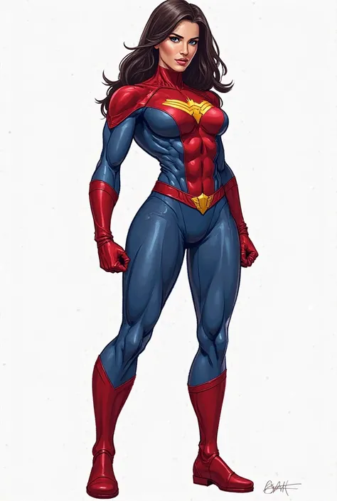 Create a female superhero with the colors red and blue without a background and that looks drawn