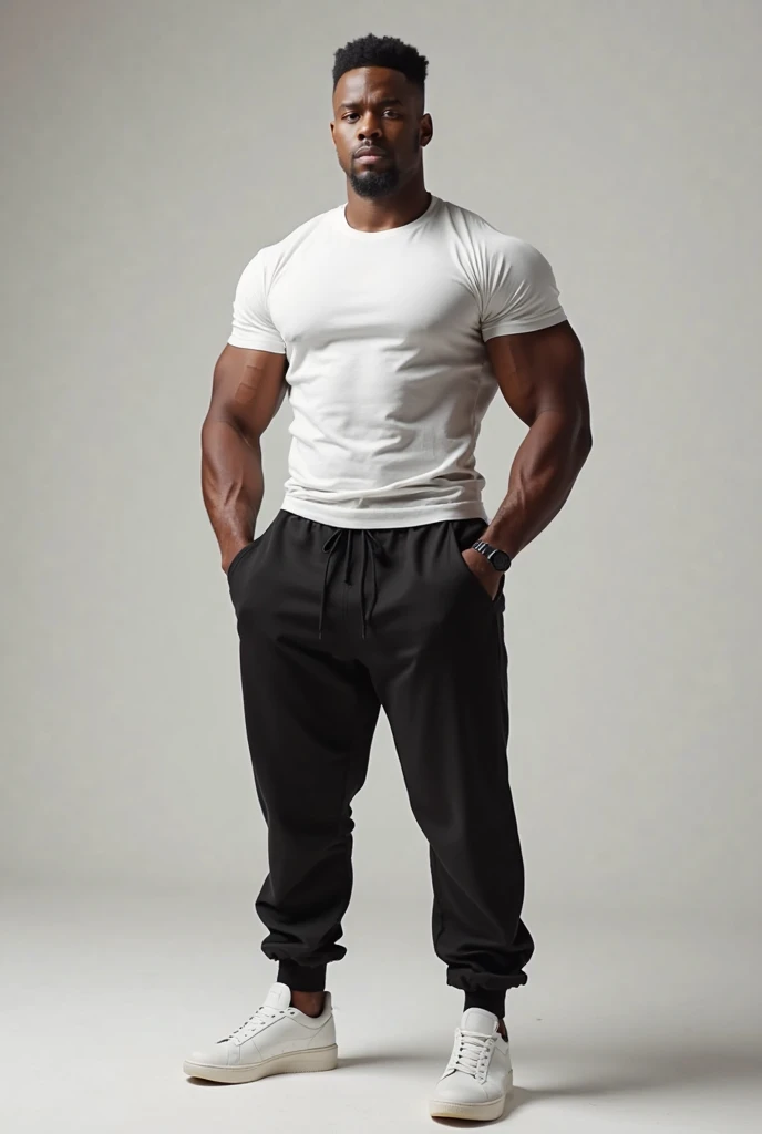 generate an image of a muscular man dressed in a white short-sleeved blouse that fits his stomach and defined biceps, black sweatpants and black sneakers