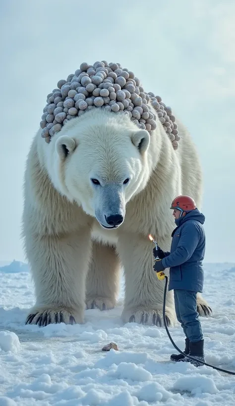 In a **snow-covered icy landscape**, a **massive white bear** is seen up close, its thick fur covered with over **20,000 round sea snails** clustered in one spot on its body. The bear’s breath is visible in the freezing air, adding to the realism of the sc...