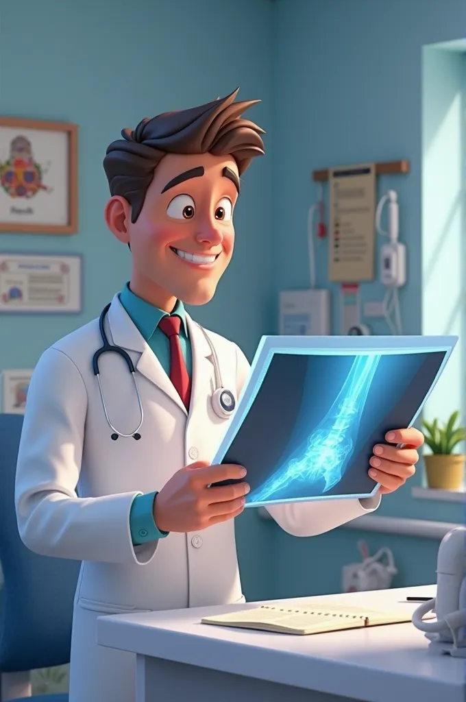 3D Disney image of a male traumatologist examining an X-ray fracture