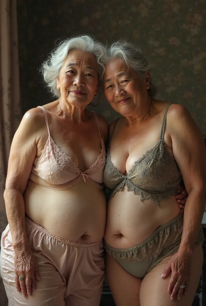 2 thicc elderly saggy wrinkled wrinkly body face asian lesbians in lingerie clothing 