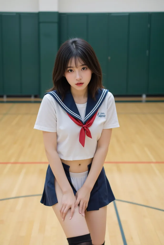 1 girl、nsfw、gym sitting、from below in front、 Ashikiri、is embarrassing、 puffy lips、sailor suit、 navy blue miniskirt、white panties、 navy blue high socks、masterpiece、Best Quality、uncorrected