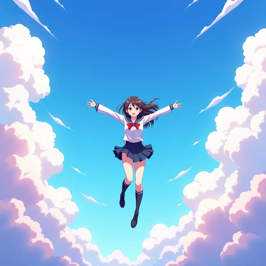 Anime babe in high school dress with sky background and many clouds in blue purple pink is jumping and hands open like a plane

