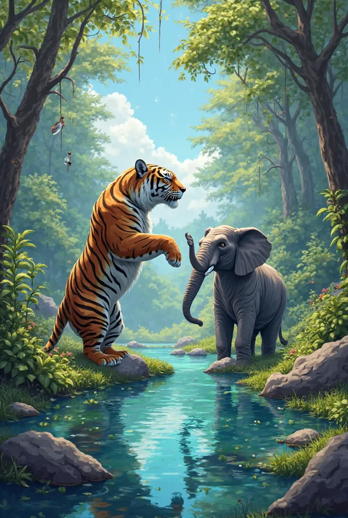 In a beautiful forest there is a clear blue spring a huge, muscular tiger standing on its hind legs is pointing its hand to talk to an elephant 