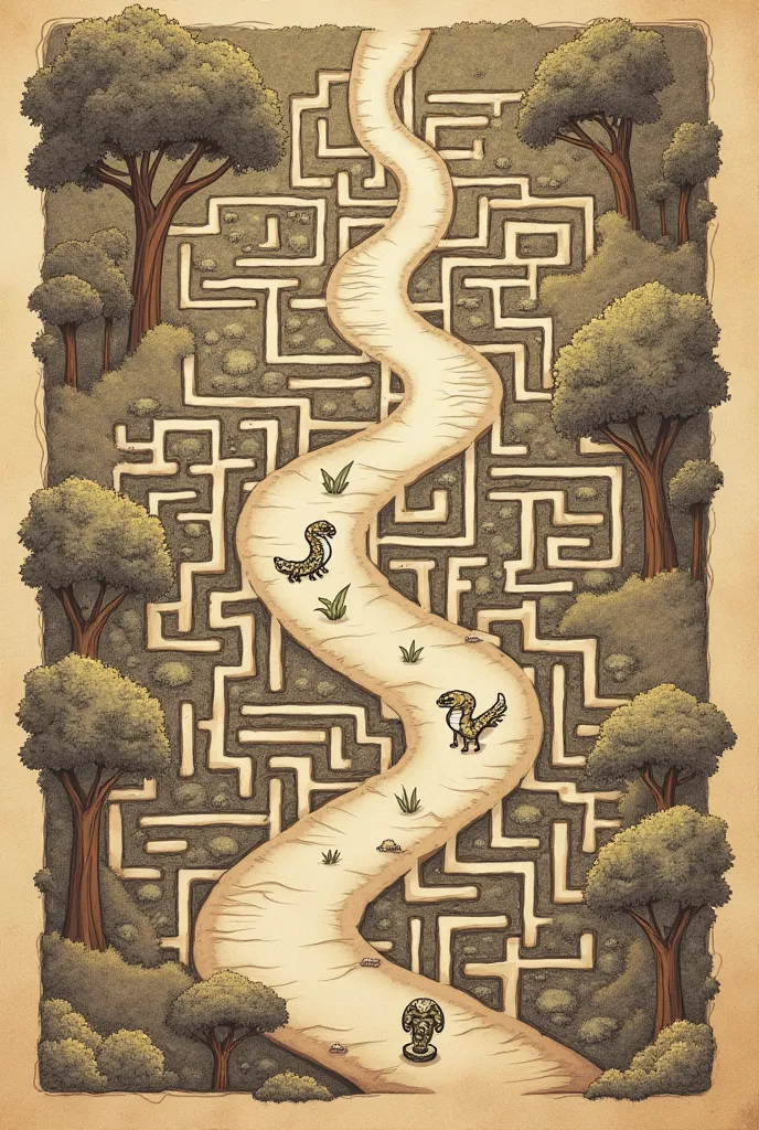 Drawing of a maze, 4 paths all are going to the the treasure but the first path will have scorpion and tiger along the way, another path will have snake and the next path will have dragon and wolf and the path will be clear. Make it challenging as possible...