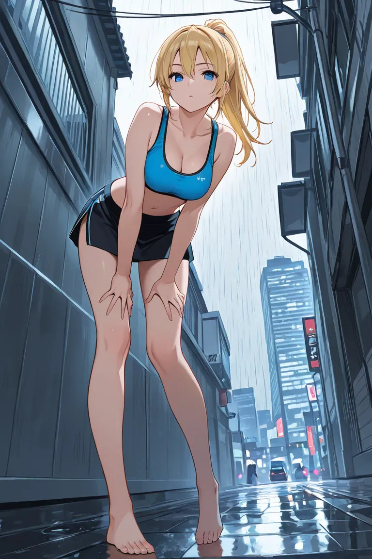  A young woman, blonde ponytail, wearing a miniskirt and a sports-bra, barefoot, leaning over in front of viewer, rainy city, looking at viewer, from below front, cleavage