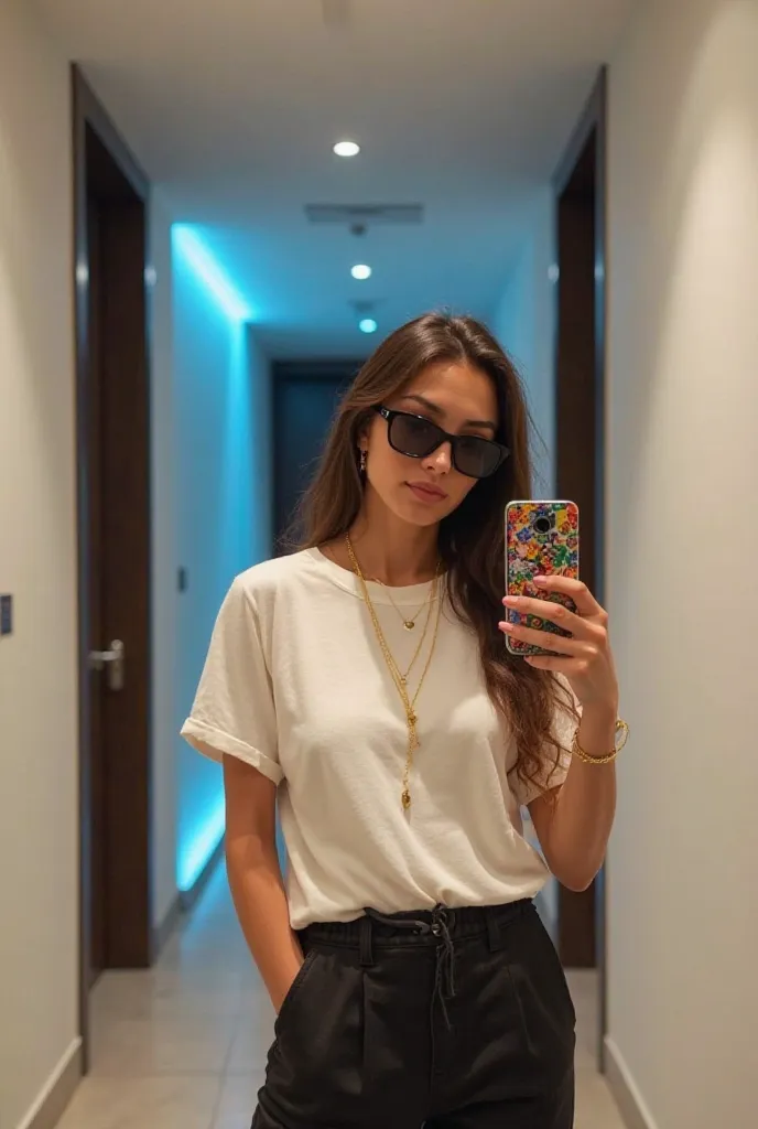 *"Une jeune femme à la peau caramel prend un selfie miroir dans un couloir moderne et bien éclairé. Elle porte un t-shirt blanc légèrement oversize rentré dans un pantalon noir ajusté. Ses cheveux sont coiffés en longues tresses soigneusement attachées en ...