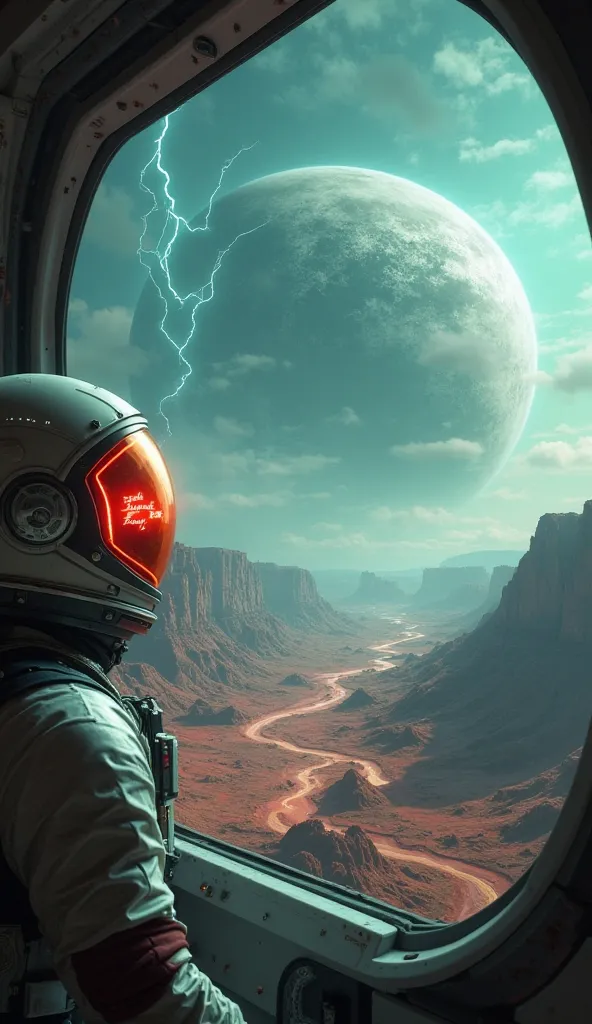 The helmet's visor shows alerts flashing red: 'Engine failure!’. The planet's sky is a surreal shade of blue-green, with electrical rays cutting through the atmosphere. The surface rapidly approaches, revealing a valley with floating mountains and reddish ...