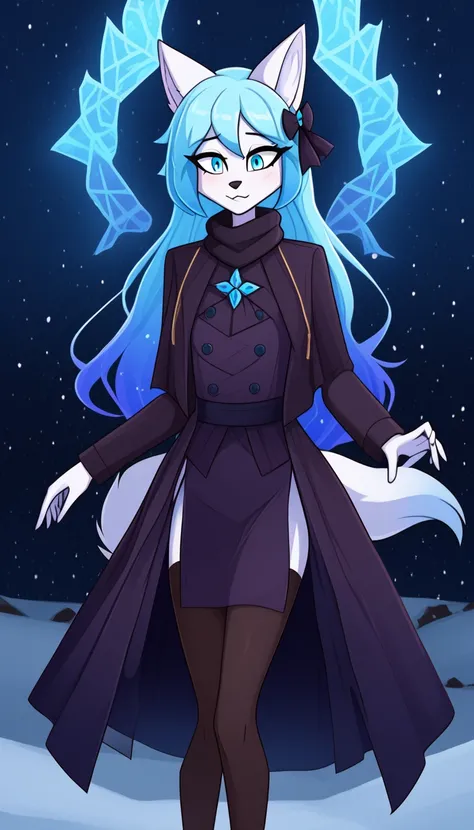 Fox With White Hair, With Light Blue Eye ,Pronouns Goes By They/Them,
Yue Looks Like A Femboy,They Look Very Feminine,Yue's Hair Is White And Blue, Kilinah