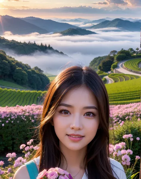 Cute asian long haired thai girl in the evening，The sun has set. ，Green rice fields，A narrow path , Clouds of fog covered ,  There are beautiful flowers of many colors along the narrow path
