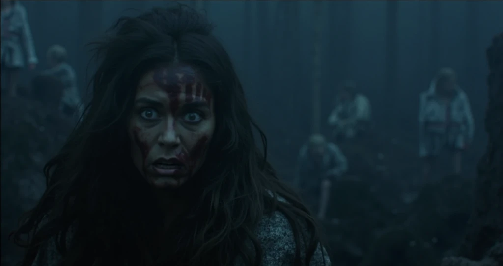 The image features a close-up of a woman with long, disheveled dark hair, pale skin, and glowing red eyes, conveying a sense of horror like a monster. Her face is smeared with blood and dirt, indicating a brutal encounter. She wears a tattered, medieval-st...