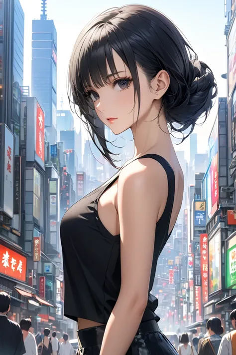 best quality, soft , super detail,  beautiful , 8k, 1 girl , long hair, black hair, outdoor, bright,  clear sky,  mature women, long hair, Black Eyes, black tank top, in Tokyo city building