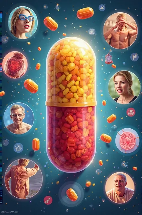 Help me generate an advertising poster in which the main image is a multivitamin and in the background the diseases that could be caused by not taking the fearful multivitamin