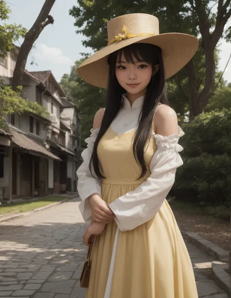 RC Hoang , Vietnamese,   aodaiv11  , a young woman wearing a traditional Vietnamese dress.   She is standing on a cobbled street with trees and a roof yellow dome in the background  . The woman is wearing a long,   the fluffy yellow dress with a high neckl...