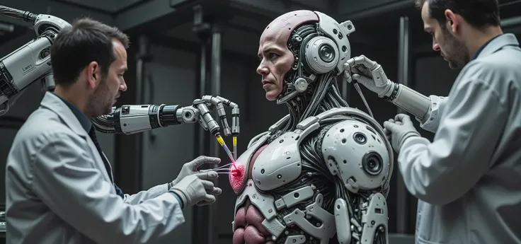 Scientists using a huge robot with arms with scalpels and tweezers, injectors , that is placing skin and human organs on a cyborg that already has the human face of Tom Hanks, a brown man with inputs, in a laboratory of the future, the cyborg has white par...