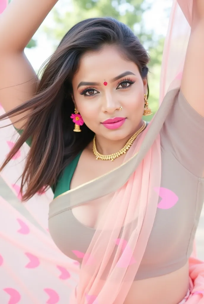 A thick voluptuous  and mature  beautiful Indian woman wearing a vibrant pink saree with bold white zigzag or wavy patterns, giving it a striking traditional appeal. The saree is made of a soft, flowing fabric that moves naturally as she dances. The pallu ...