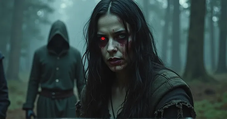 The image features a close-up of a woman with long, disheveled dark hair, pale skin, and glowing red eyes, conveying a sense of horror like a monster. Her face is smeared with blood and dirt, indicating a brutal encounter. She wears a tattered, medieval-st...