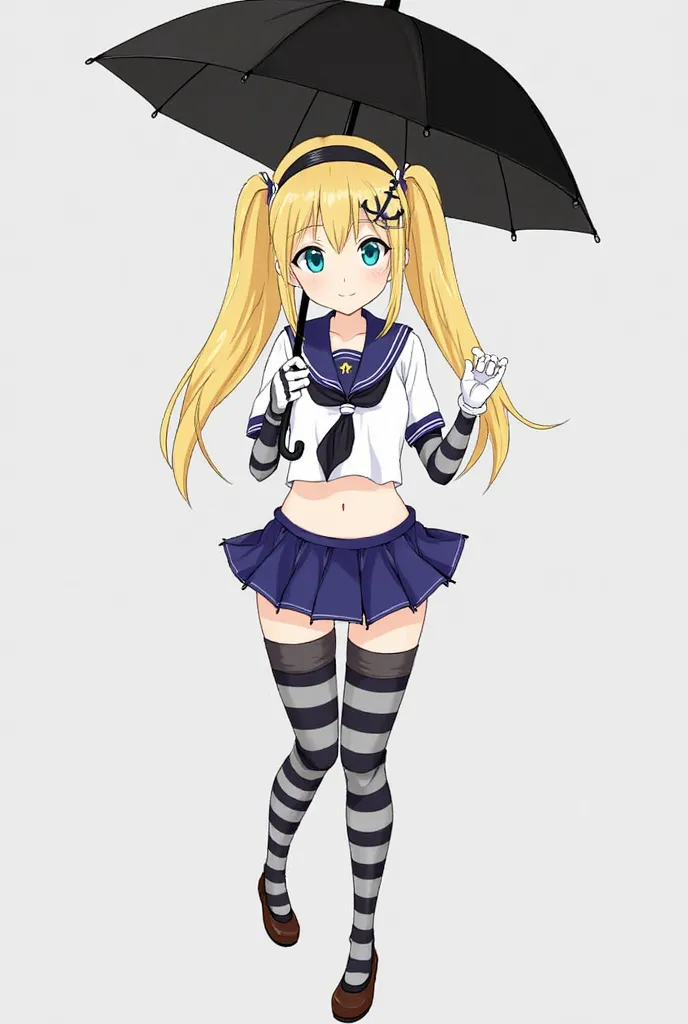 graphic anime styled female cartoon character holding a black umbrella overhead in cartoon art, 1girl, shimakaze (kancolle), solo, shimakaze (kancolle) (cosplay), thighhighs, elbow gloves, microskirt, skirt, black panties, underwear, blonde hair, twintails...