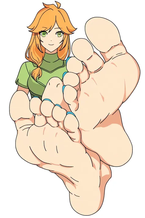 score_9, score_8_up,   KJOmomo, MmAlex, solo, alone,  dantegemini_style, foot focus, barefoot, blue toenails, feet, toes, white background, masterpiece, highres, having her soles itched by hands, feet sticking out of sand,