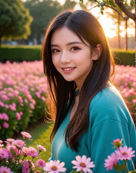 Cute asian long haired thai girl in the evening，The sun has set. ，Green rice fields，A narrow path , Clouds of fog covered ,  There are beautiful flowers of many colors along the narrow path
