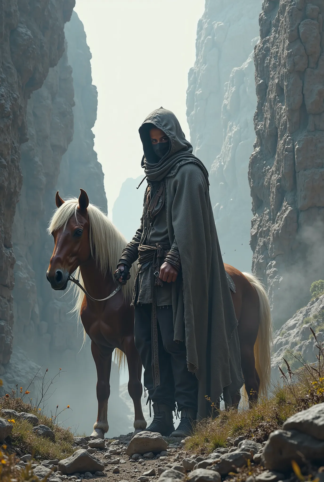  1man, adult, 5 feet tall, gray cape, thief, small knife, standing beside pony, cliffs 