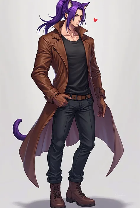 Man with long purple hair , tied in a ponytail , with cat ears that come out of his hair , which are the same color , has purple eyes to match his hair, has a muscular and athletic body and wears a brown leather jacket that goes up to his knees , a black s...